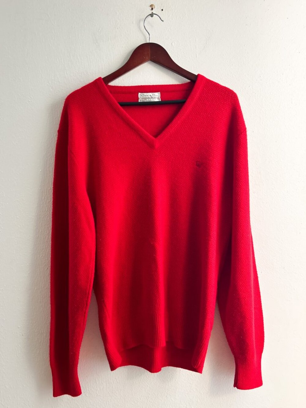VINTAGE Christian Dior CHERRY RED 80s Red V Neck Sweater Made in USA L